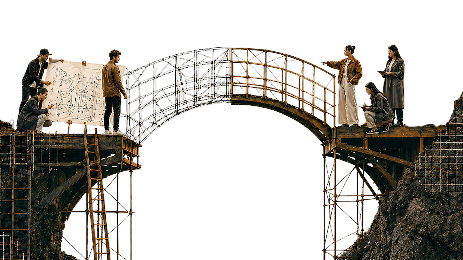 People standing together on a bridge structure